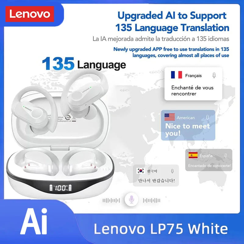 Lenovo LP75 Language Translation Earphones HD Call Noise Cancelling Headphones for Learning Travel Real Time Translator Earbuds