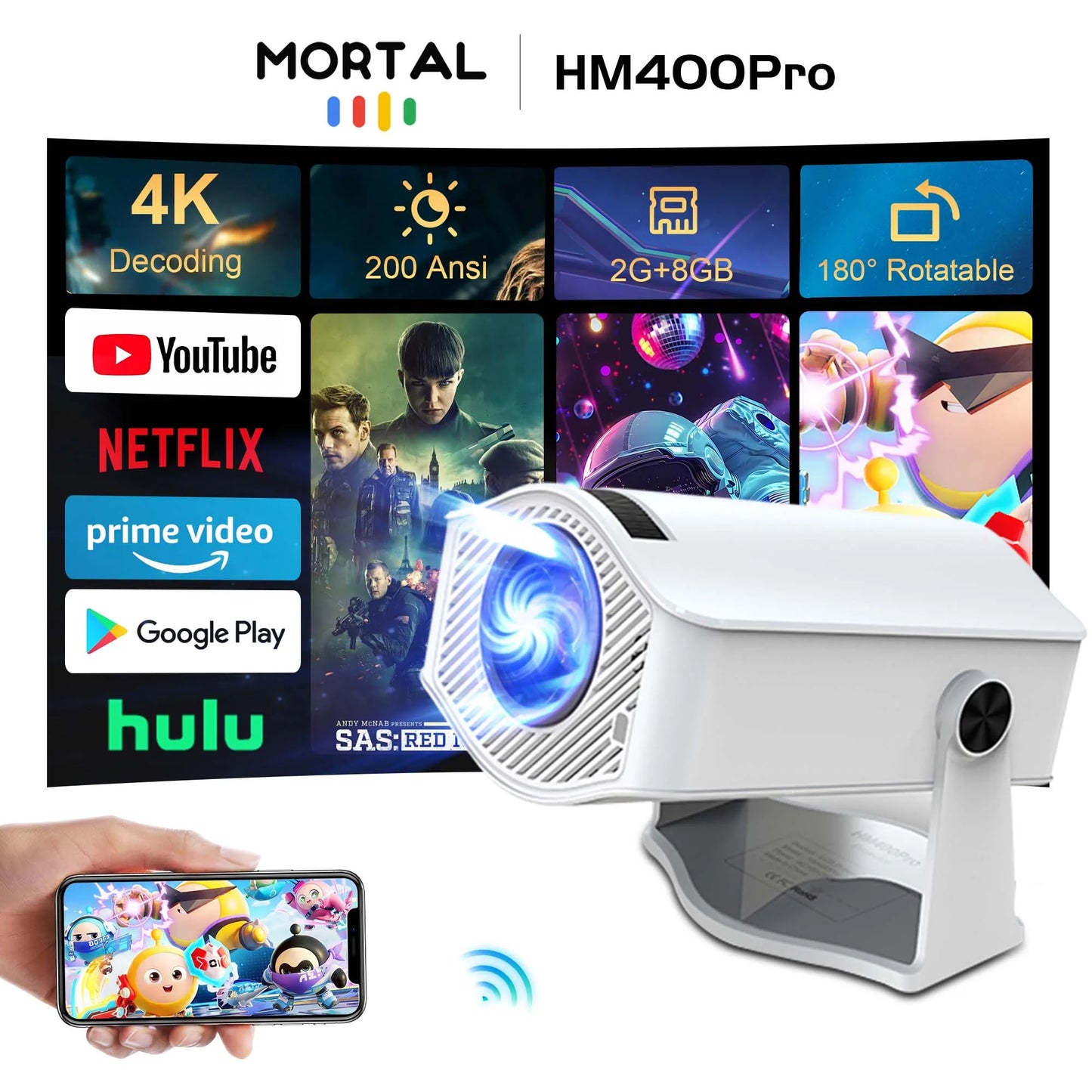 Mortal 200 ANSI 4K Decoding Native Auto Focus and Keystone Correction Projector Android11 BT5.2 WIFI6 180° Portable Home Theater